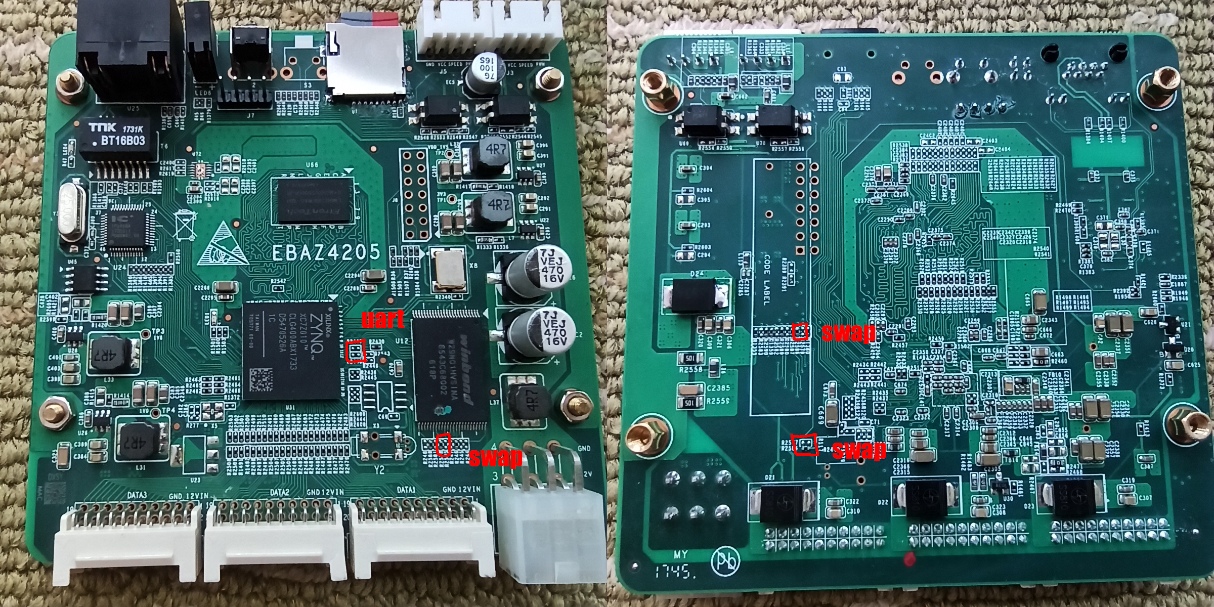 marked up image of the front and back of the ebaz4205 PCB showing the locations of the important components and pads
